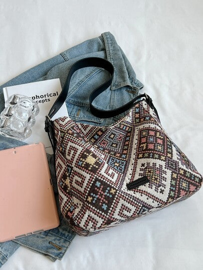 حقيبة كتف نسائية من القماش عالي الجودة بألوان متباينة عصرية وعملية