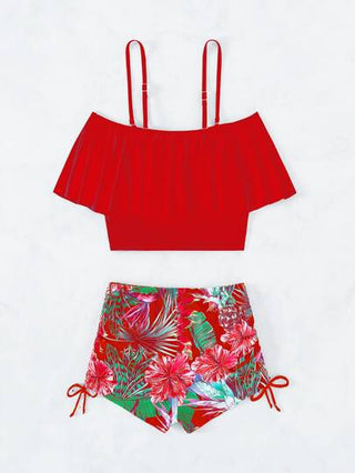 طقم تانكيني حريمي Swim Lushoire مجموعة تانكيني استوائية ذات الأكتاف الباردة مع الكشكشة في الأعلى وشورت عالي الخصر قطعتان ملابس السباحة صيفية