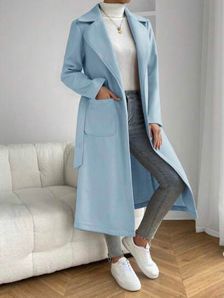 EZwear معطف بياقة مطوي مسنن جيب مزدوج حزام