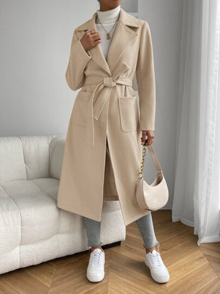 EZwear المشمش طية صدر السترة الرقبة ثنائي جيب مربوط معطف