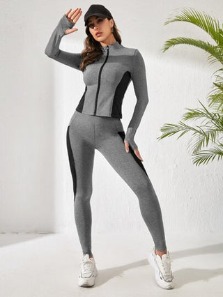 SHEIN Sport Studio مجموعة رياضية للنساء تشمل اكمام مع فتحات للإبهام ومن قماش الشبكة ذو تباين في الألوان