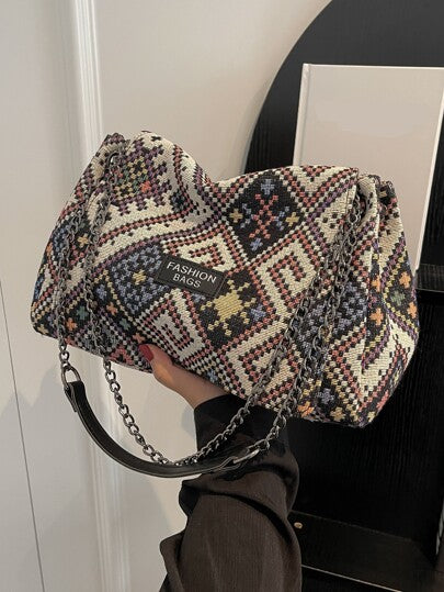 حقيبة تسوق عصرية 2025 ذات سعة كبيرة، حقيبة كانفاس موضة مع حزام سلسلة، حقيبة كتف وحقيبة يد للسيدات