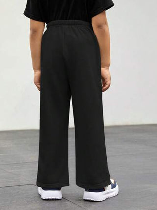 SHEIN بناطيل واسعة الساقين مريحة ذات خصر مطّاط للأولاد الصغار ، بناطيل مفصلة واسعة الساقين من القطن للربيع والصيف، لون أسود