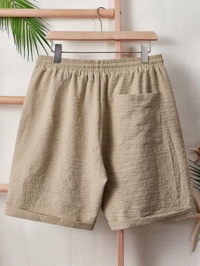 Manfinity VCAY شورت رجالي بخصر مرن وجيوب مائلة واسعة بنمط لينن ناعم كاكي بسيط لقضاء العطلات والأجواء البوهيمية
