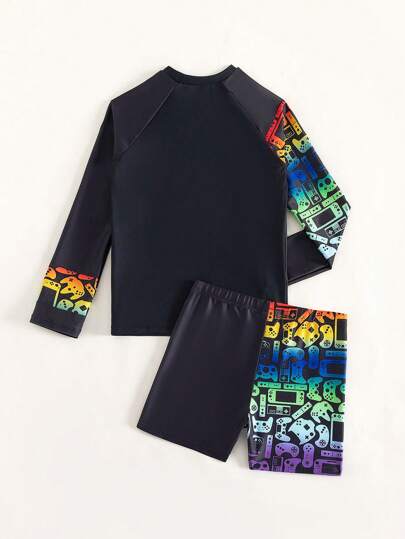 مايوه أولادي مجموعة ملابس سباحة مطبوعة للأولاد في مرحلة ما قبل المراهقة بتصميم جهاز تحكم في اللعب