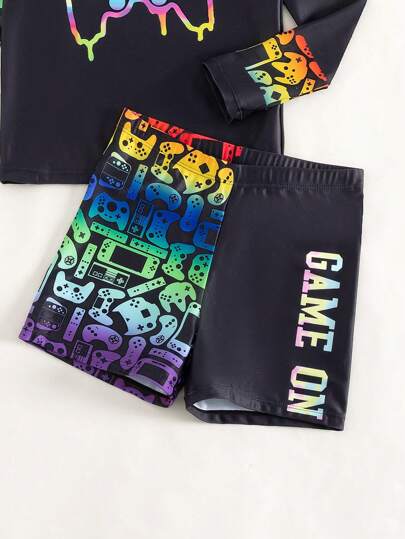 مايوه أولادي مجموعة ملابس سباحة مطبوعة للأولاد في مرحلة ما قبل المراهقة بتصميم جهاز تحكم في اللعب