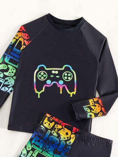 مايوه أولادي مجموعة ملابس سباحة مطبوعة للأولاد في مرحلة ما قبل المراهقة بتصميم جهاز تحكم في اللعب