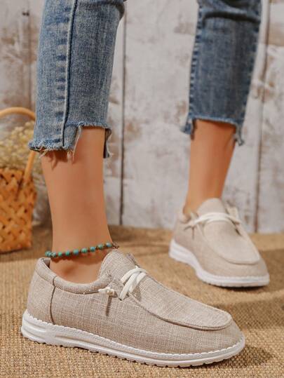 (نسائي) حذاء رياضي مريح كاجوال بنسج لامع، تصميم من اللونين، رباط دفع واحد، رؤوس دائرية