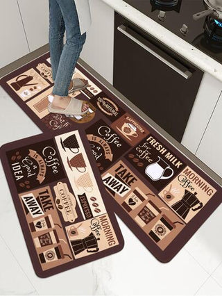سجادة المطبخ بنمط القهوة قطعة واحدة، سجادة مطبخ بوليستر رجعية مضادة للإنزلاق لديكور المطبخ والغرفة