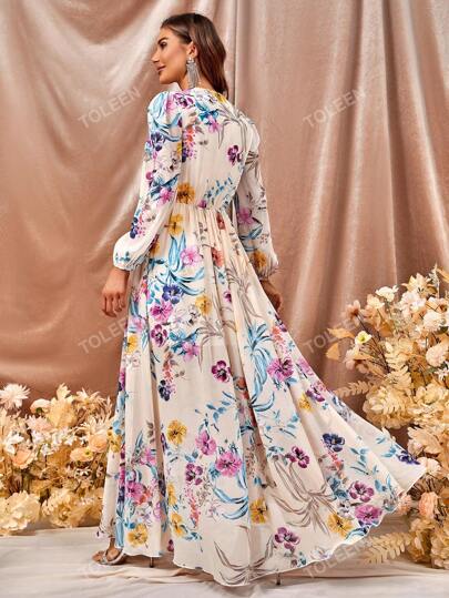 فستان طباعة الأزهار ياقة مغرق فتحة للفخذ