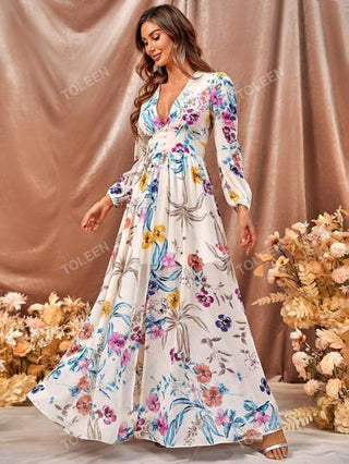 فستان طباعة الأزهار ياقة مغرق فتحة للفخذ