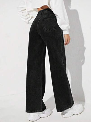 EZwear بنطلون جينز خصر عالي ساق عريضة