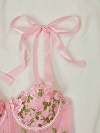 FloralLove ملابس داخلية لاسلكية ذات شراك ربط مع طبقة تطريز زهري شفافة