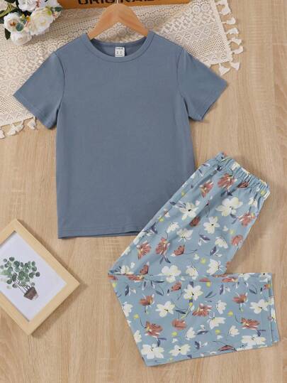 بيجاما بجامة كاجوال لفتيات المراهقات مطبوعة بطبعة زهرية على لون أساسي