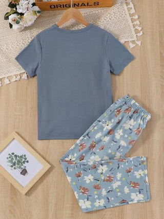 بيجاما بجامة كاجوال لفتيات المراهقات مطبوعة بطبعة زهرية على لون أساسي