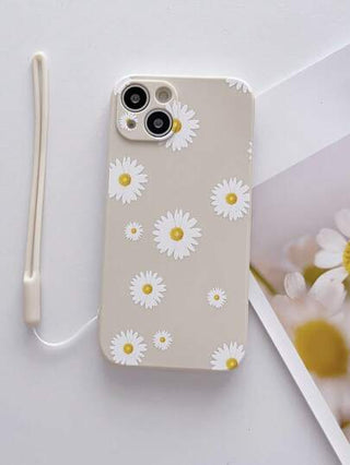 غطاء هاتف مطبوع بنقوش زهور البابونج الربيعية مع حبل معصم متوافق مع iPhone 15/15Pro/15Plus/15Promax