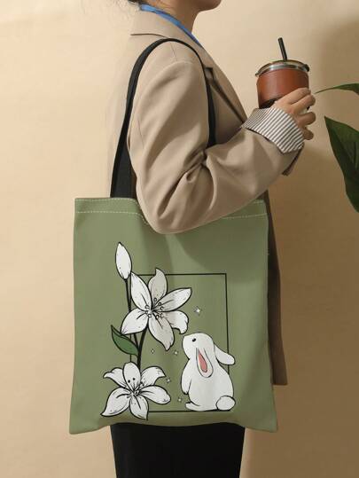 حقيبة تسوق كانفاس بنمط أرنب وزهري، حقيبة مدرسية عادية، سعة كبيرة، محمولة، قابلة للطي، كاجوال كلاسيكي، مناسبة للمراهقات والنساء والطلاب الجامعيين والموظفين البيض، مثالية للعودة للمدرسة، الجامعة، المدرسة الابتدائية، المتوسطة، الثانوية، التسوق، العطلات