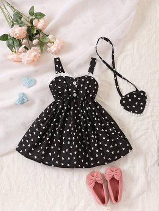 فساتين بيبي فستان كامي بطبعات قلوب و حواف دانتيل متباينة لطفلة رضيعة مع حقيبة