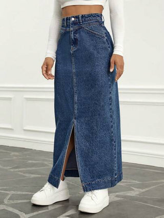 EZwear تنورة دنيم خصر عالي فتحة للفخذ