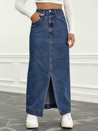 EZwear تنورة دنيم خصر عالي فتحة للفخذ