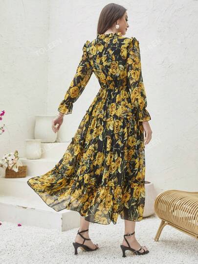 فستان طباعة الأزهار اكمام منتفضة حافة مكشكشة