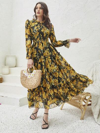 فستان طباعة الأزهار اكمام منتفضة حافة مكشكشة