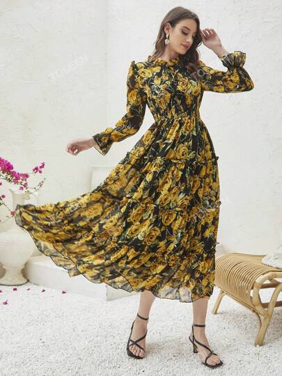 فستان طباعة الأزهار اكمام منتفضة حافة مكشكشة