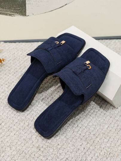 موضة الأزرق الداكن صنادل الى بديكور معدني جلد سويدي الاصطناعي صنادل سلايد