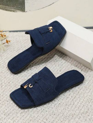 موضة الأزرق الداكن صنادل الى بديكور معدني جلد سويدي الاصطناعي صنادل سلايد