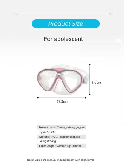 MYSTYLE قناع الغطس وجهاز تنفس للمراهقين، معدات الغطس والسباحة، نظارة مضادة للضباب مع غطاء للأنف ذات إطار كبير وجودة عالية للسباحة في المياه العميقة