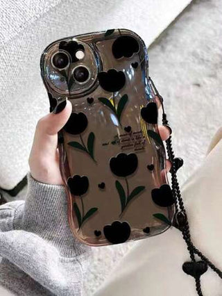 حافظة فقاعات شفافة لأجهزة iPhone 16 بروماكس ، 11 ، 12 ، 13 ، 14 ، 11 برو ماكس ، 12 برو ماكس ، 13 برو ماكس ، 14 برو ماكس ، XR ، 15 ، 15 برو ، 15 برو ماكس، نقشة قلبية زهرية على شريط للعنق باللون الأسود