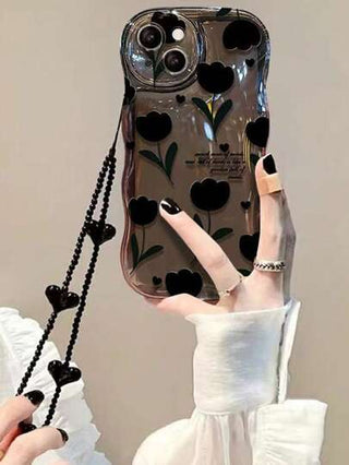 حافظة فقاعات شفافة لأجهزة iPhone 16 بروماكس ، 11 ، 12 ، 13 ، 14 ، 11 برو ماكس ، 12 برو ماكس ، 13 برو ماكس ، 14 برو ماكس ، XR ، 15 ، 15 برو ، 15 برو ماكس، نقشة قلبية زهرية على شريط للعنق باللون الأسود