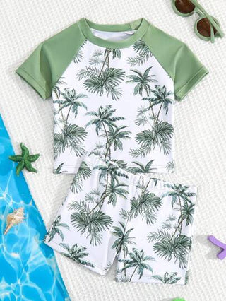مايوه أولادي ملابس السباحة للأولاد صيف 2 قطعة بأكمام قصيرة حماية من الشمس مطبوعة بالنباتات الاستوائية وأشجار جوز الهند،مناسبة لعطلات الشاطئ