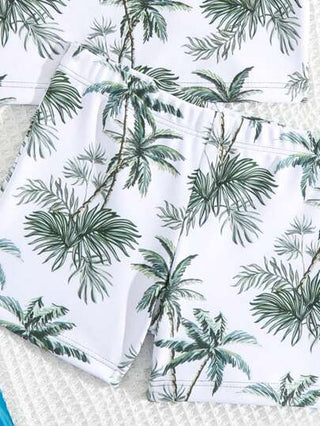 مايوه أولادي ملابس السباحة للأولاد صيف 2 قطعة بأكمام قصيرة حماية من الشمس مطبوعة بالنباتات الاستوائية وأشجار جوز الهند،مناسبة لعطلات الشاطئ