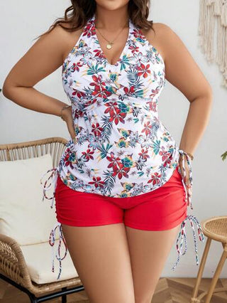 Swim Lushoire بلوزة تانك مزخرفة بنمط زهري جانبية رباط حجم كبير للشاطئ الصيفي