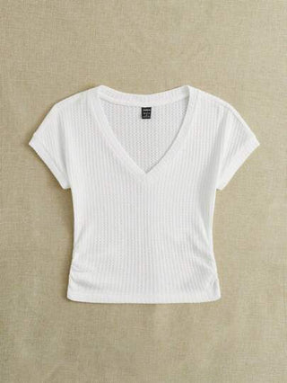 EZwear تي شيرت قصير موحدة اللون محبوك مضلع
