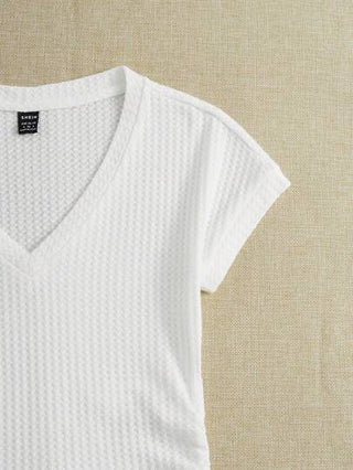 EZwear تي شيرت قصير موحدة اللون محبوك مضلع
