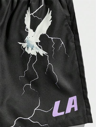 ROMWE MEN Street Life شورتات كرة سلة للرجال بخصر رباط رسم بيضاوي وشعار، للمدرسة