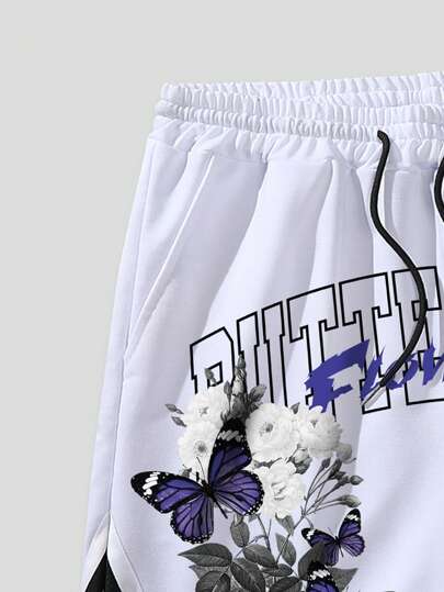 ROMWE MEN Street Life شورتات كرة السلة للرجال بخصر رباط مزينة برسم الفراشة والشعار، مناسبة للمدرسة