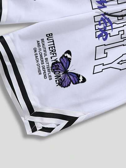 ROMWE MEN Street Life شورتات كرة السلة للرجال بخصر رباط مزينة برسم الفراشة والشعار، مناسبة للمدرسة