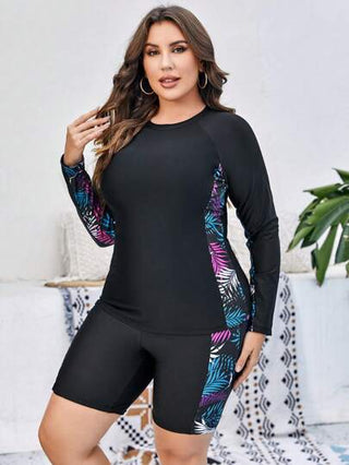 Swim SPRTY بدلة واقية من الشمس ذات أكمام طويلة بطبعة استوائية مقاس كبير للشاطئ الصيفي