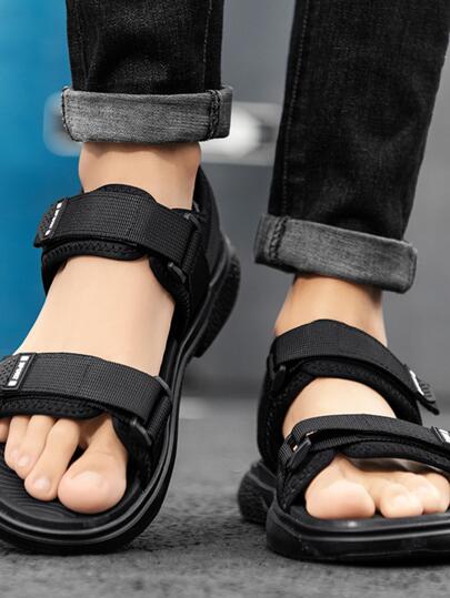 للرجال غير منزلق مزخرف برقعة عبارة لاصق سحري صنادل رياضي , رياضي أسود قماش صنادل