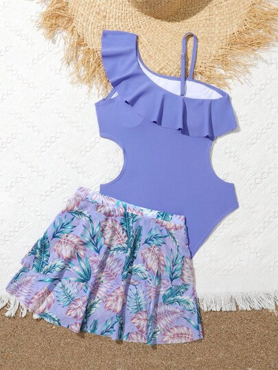 بنت طفل مقلم بكشكش خصر ملابس سباحة قطعة واحدة مع بطباعة استوائية تنورة ساحلي