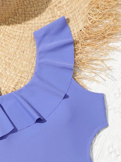 بنت طفل مقلم بكشكش خصر ملابس سباحة قطعة واحدة مع بطباعة استوائية تنورة ساحلي