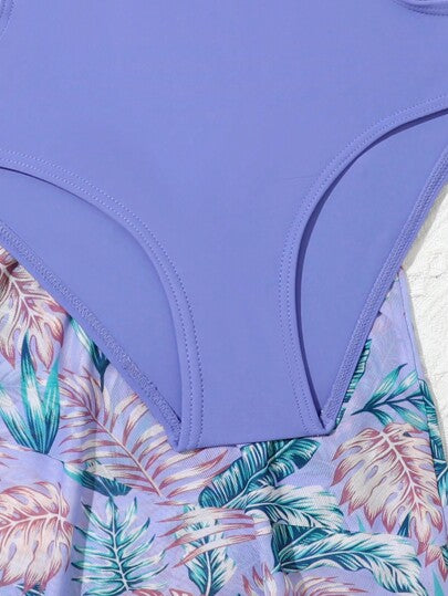 بنت طفل مقلم بكشكش خصر ملابس سباحة قطعة واحدة مع بطباعة استوائية تنورة ساحلي