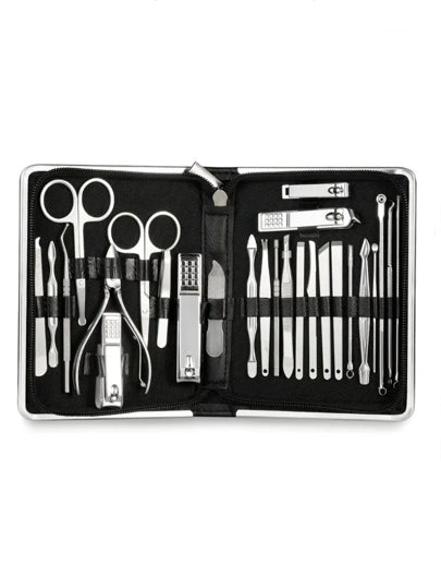 مجموعة 26 قطعة من مقص الأظافر واداوات العناية بالأظافر منها قاطع أظافر من الفولاذ المقاوم للصدأ، وشبشب جلد الأقدام المزيل، مناسبة للنساء والرجال للسفر والحقيبة والتنظيم والتخزين