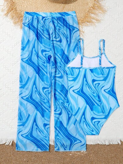 ملابس سباحة قطعة واحدة سائل طباعة سروال بالغطاء بنت طفل