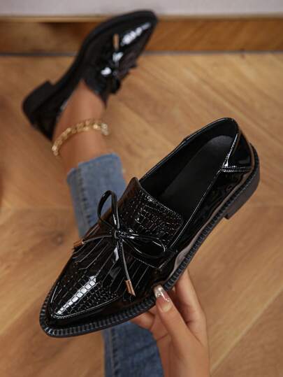 نساء أسود بنقش تمساح مزخرف بعقدة الفراشة حذاء مسطح , أنيق باصابع قدم مدبب حذاء مسطح بدون كعب الى خارجي