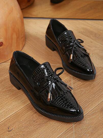 نساء أسود بنقش تمساح مزخرف بعقدة الفراشة حذاء مسطح , أنيق باصابع قدم مدبب حذاء مسطح بدون كعب الى خارجي