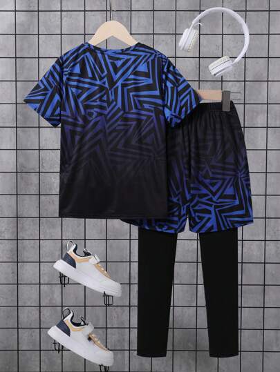 مايوه حريمي قطعة واحدة بدلة رياضية للمراهقين مكونة من تي شيرت بأكمام قصيرة وشورت بطبعات هندسية ورسائل متدرجة اللون، بالإضافة إلى سروال داخلي 2في1